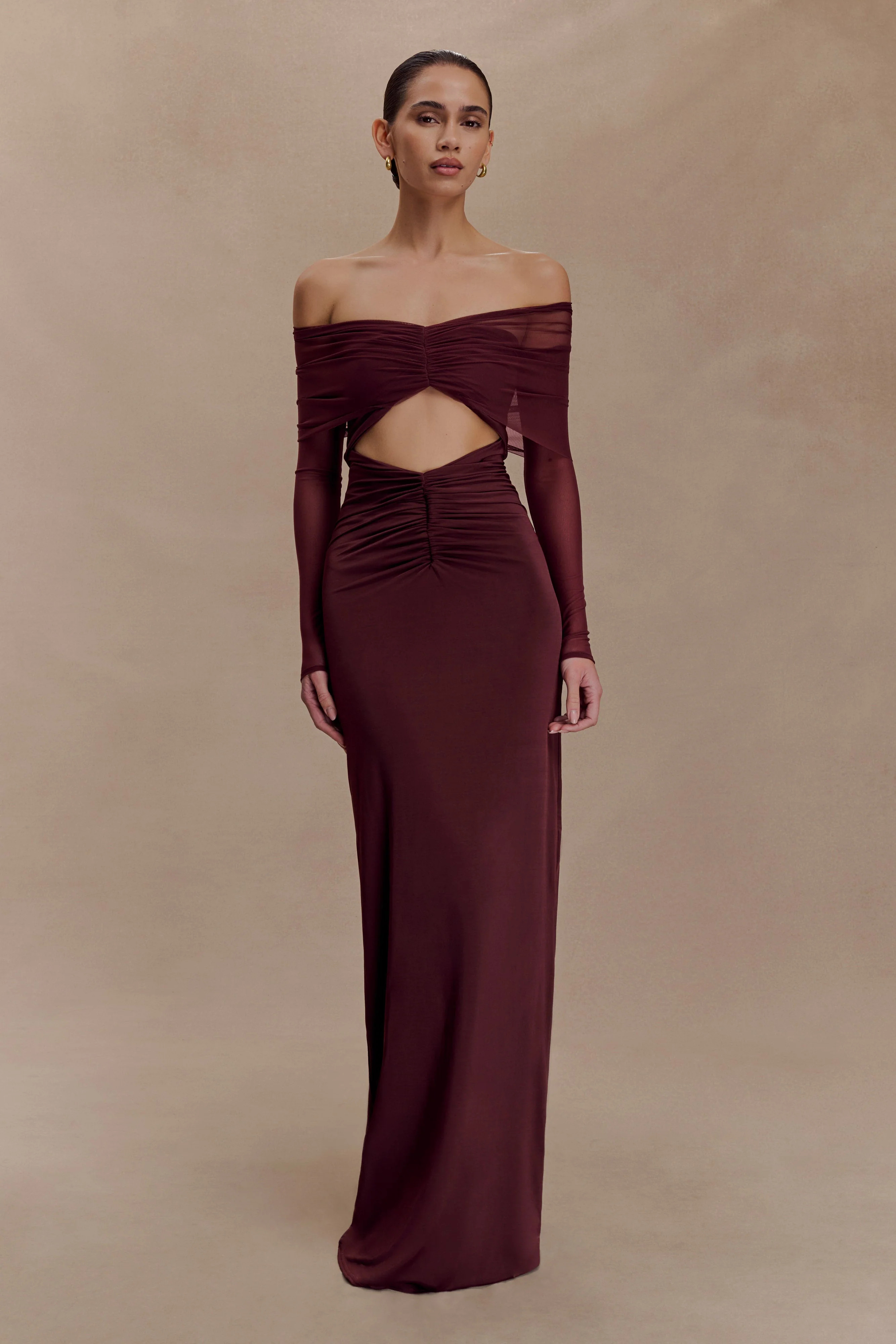 Rafaella Slinky And Mesh Maxi Dress - Mahogany | MESHKI US