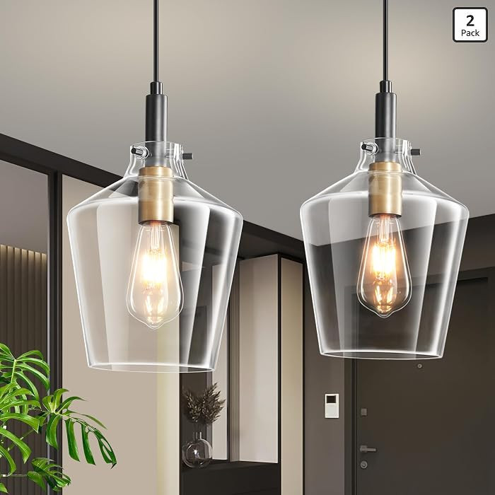 Modern Glass Pendant Lighting for Kitchen Island 2 Pack, Farmhouse Black and Gold Pendant Light F... | Amazon (US)