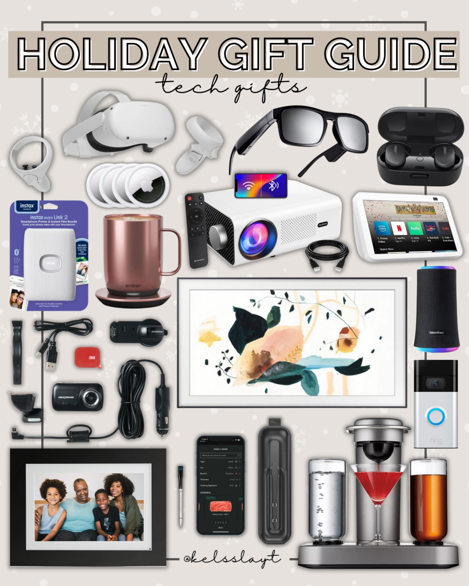 Gift guide tech gifts, Christmas gifts for techie, tech gift ideas, Bose sunglasses, projector, ember mug, meta oculus 2, frame TV, ring doorbell 

#LTKunder100 #LTKsalealert #LTKGiftGuide