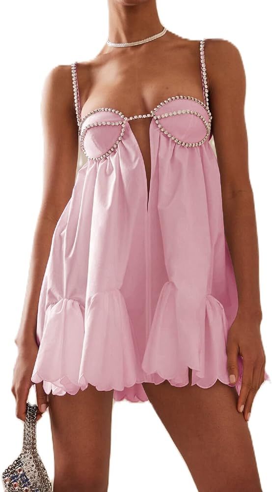 Argeousgor Women Y2k Rhinestone Short Dress Spaghetti Strap Going Out Mini Dress Low Cut Backless Ca | Amazon (US)