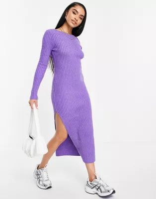 ASOS DESIGN knit maxi dress with asymmetric lace-up back detail in purple | ASOS (Global)