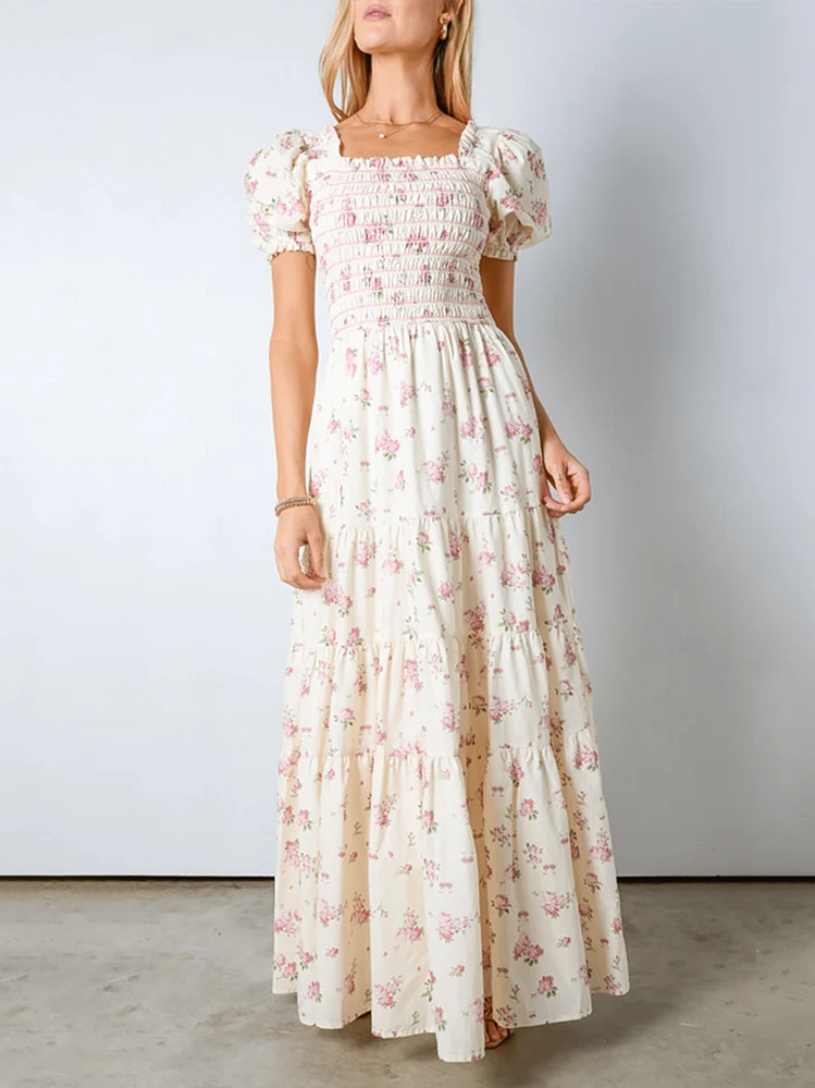 Women's Boho Floral Print Summer Dresses Square Neck Puff Sleeve A Line Long Dress Smocked Casual Maxi Dress Ruffle Maxi Wedding Guest Dresses | SHEIN