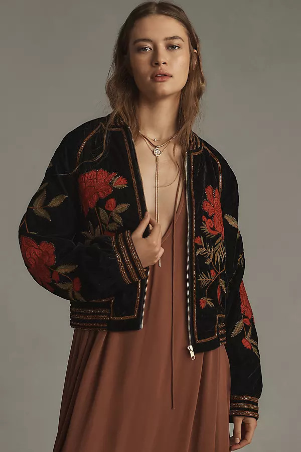 By Anthropologie Velvet Embroidered Bomber Jacket | Anthropologie (US)