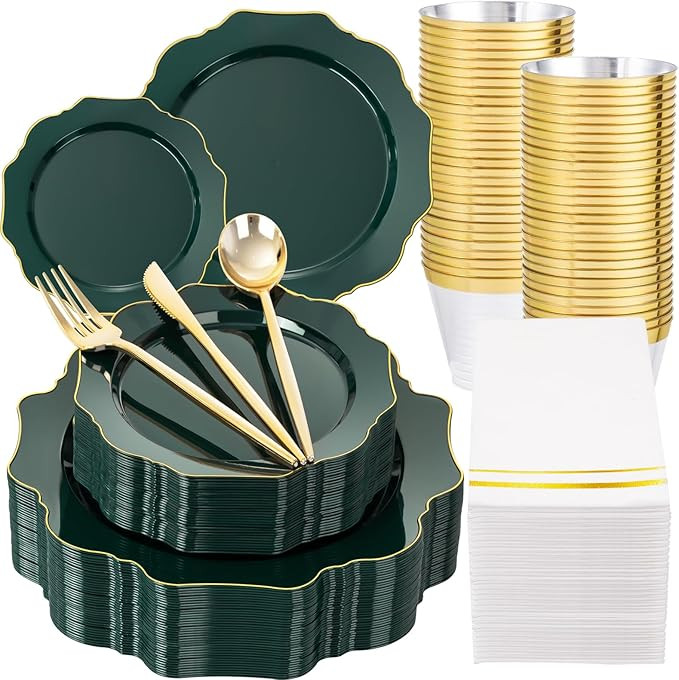 WDF 175Pcs Green Plastic Plates - Green Plates Disposable with Gold Rim - Christmas Plastic Plate... | Amazon (US)