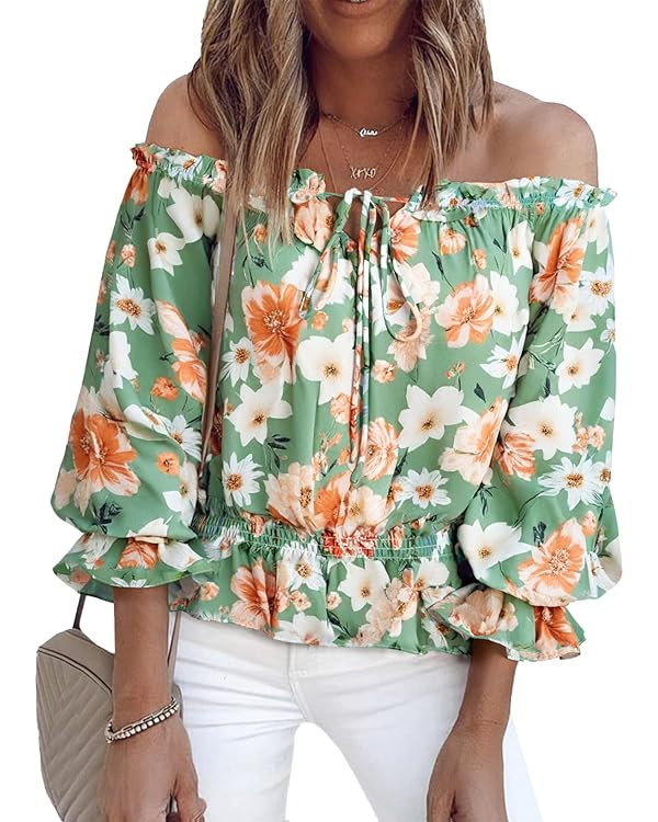 BLENCOT Women's 3/4 Ruffle Sleeve Off Shoulder Chiffon Blouse Summer Floral Print Casual T Shirts | Amazon (CA)