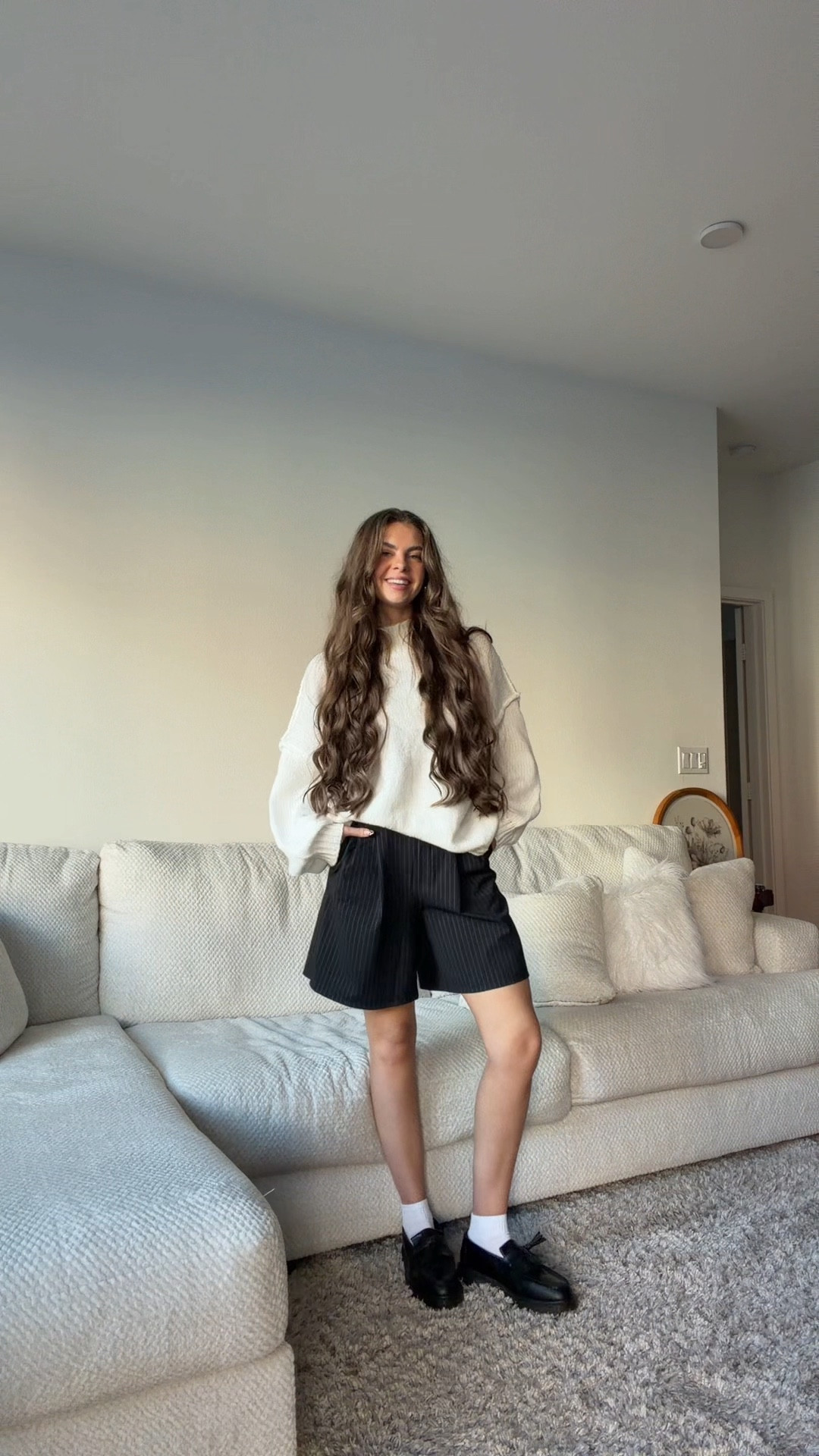 Wearing size M in sweater (could’ve got a S too) and size S in the shorts 🤍