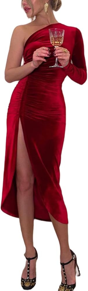 Women's Sexy One Shoulder Long Sleeve Midi Dress Elegant Velvet Bodycon Ruched Slit Cocktail Even... | Amazon (US)