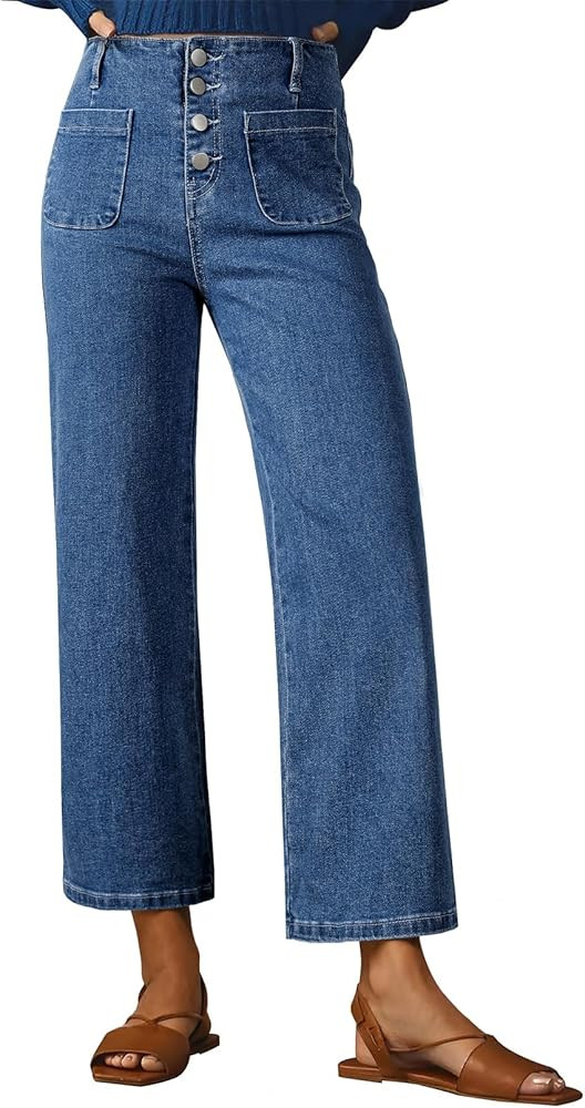 sidefeel Women's Wide Leg Jeans High Waisted Zimbaplatinum Stretchy Straight Leg Jeans Buttoned L... | Amazon (US)