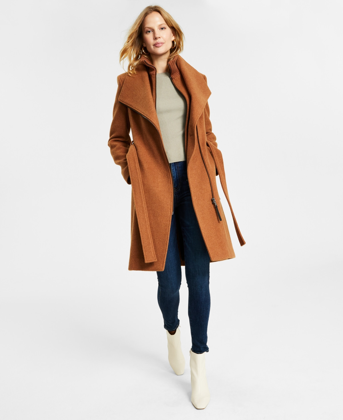 Calvin Klein Womens Wool Blend Belted Wrap Coat, Created for Macys - Dark Camel | Macy's