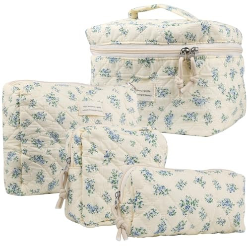 RENWENA 4Pcs Large Capacity Makeup Bag for Women, Cute Portable Quilted Coquette Aesthetic Floral Cosmetic Bag, Organizer Storage Travel Toiletry Bag (004-Blue Rose) | Amazon (US)