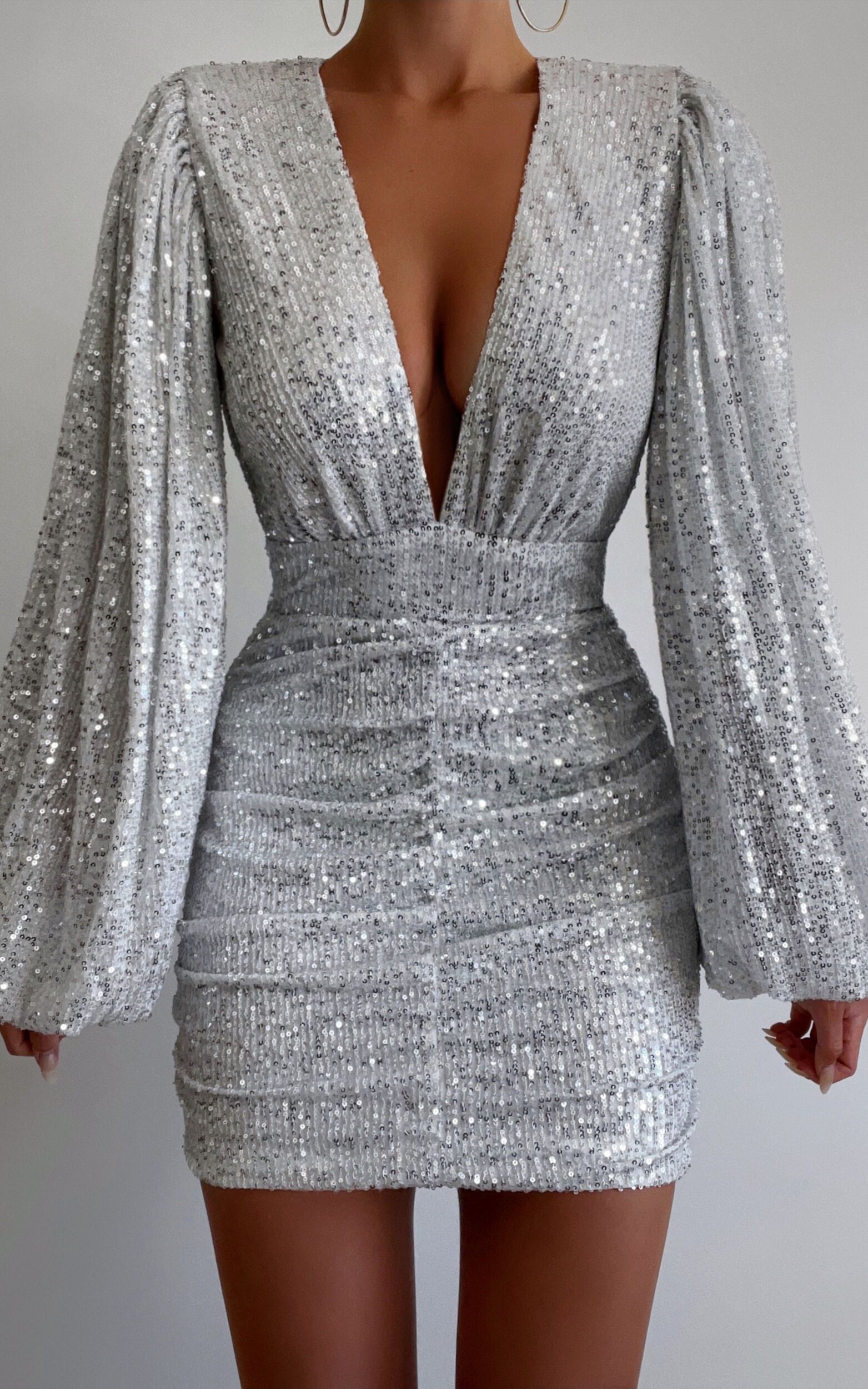 Rhylee Long Sleeve Ruched Mini Dress in Silver Sequin | Showpo (US, UK & Europe)
