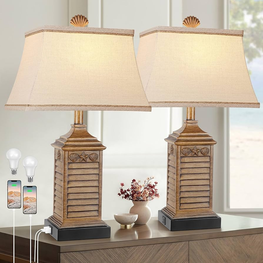 Table Lamps Set of 2 Coastal Beach Living Lamps for Bedroom with Dual USB Ports and One AC Outlet... | Amazon (US)
