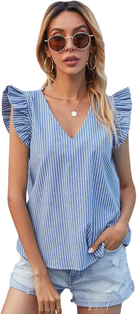 Floerns Women's V Neck Ruffle Cap Sleeve Eyelet Embroidery Blouse Tops | Amazon (US)