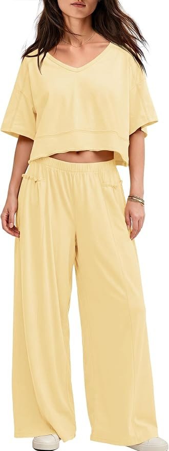 ReachMe Women's 2 Piece Matching Sets Short Sleeve V Neck Crop Top Wide Leg Lounge Pants Summer T... | Amazon (US)
