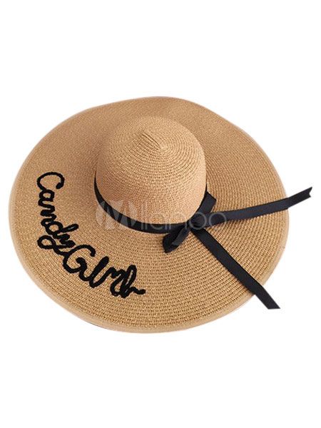 Words Print Straw Beach Hat With Bow | Milanoo
