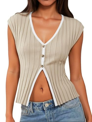 Cicy Bell Womens Cute Going Out Tops Ribbed Button Up Tank Tops Cap Sleeve Sweater Vest Summer Sexy Outfits Beige | Amazon (US)