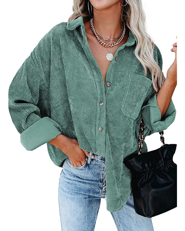 Dokotoo Womens Corduroy Button Down Shirts Boyfriend Long Sleeve Oversized Blouses Tops | Amazon (US)