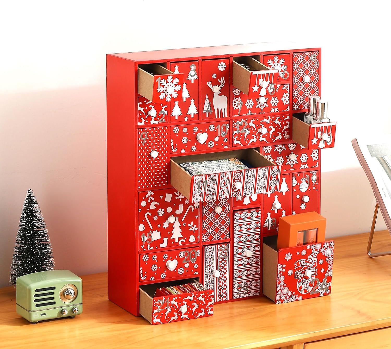 SUNGIFT Wooden Advent Calendar, Red Wood Reusable Advent Calendar with 24 Drawers, 15 Inch Countd... | Amazon (US)