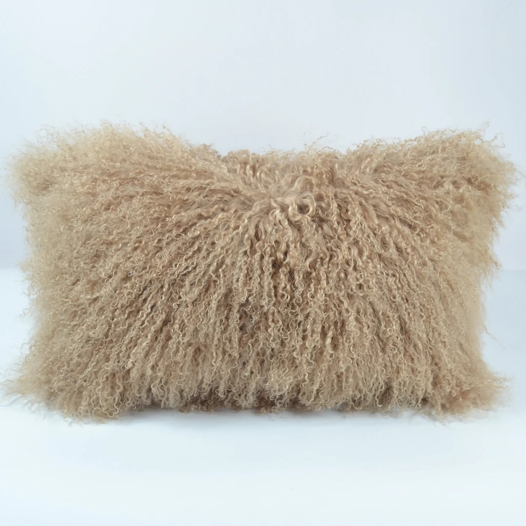 Mongolian Lamb Fur Pillow Cover: Dark Beige Fluffy Cushion (12"x20") | Etsy (US)