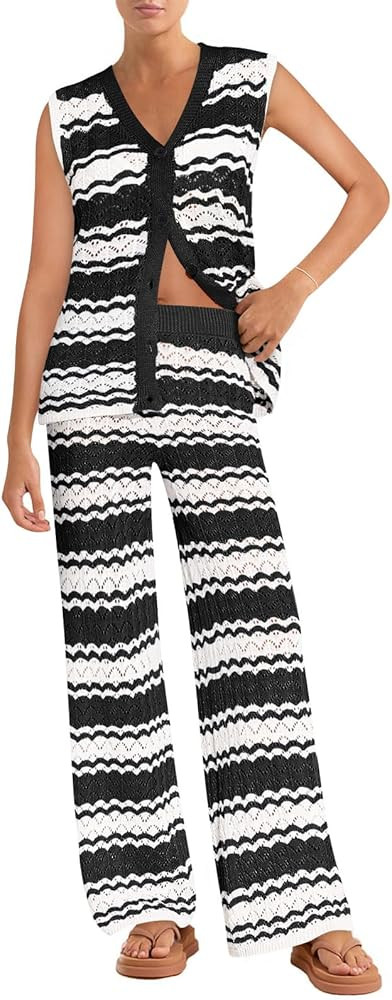 Imily Bela Womens 2 Piece Cover up Crochet Sets Striped Sleeveless Vest Tops Wide Leg Pants Summe... | Amazon (US)
