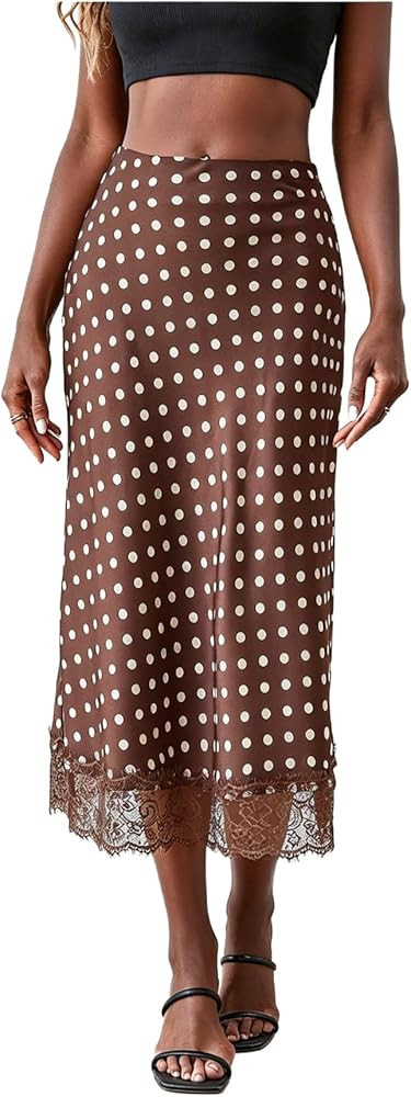 MakeMeChic Women's Polka Dots Midi Skirt Satin Silk Summer Flowy Pencil Long Skirts | Amazon (US)