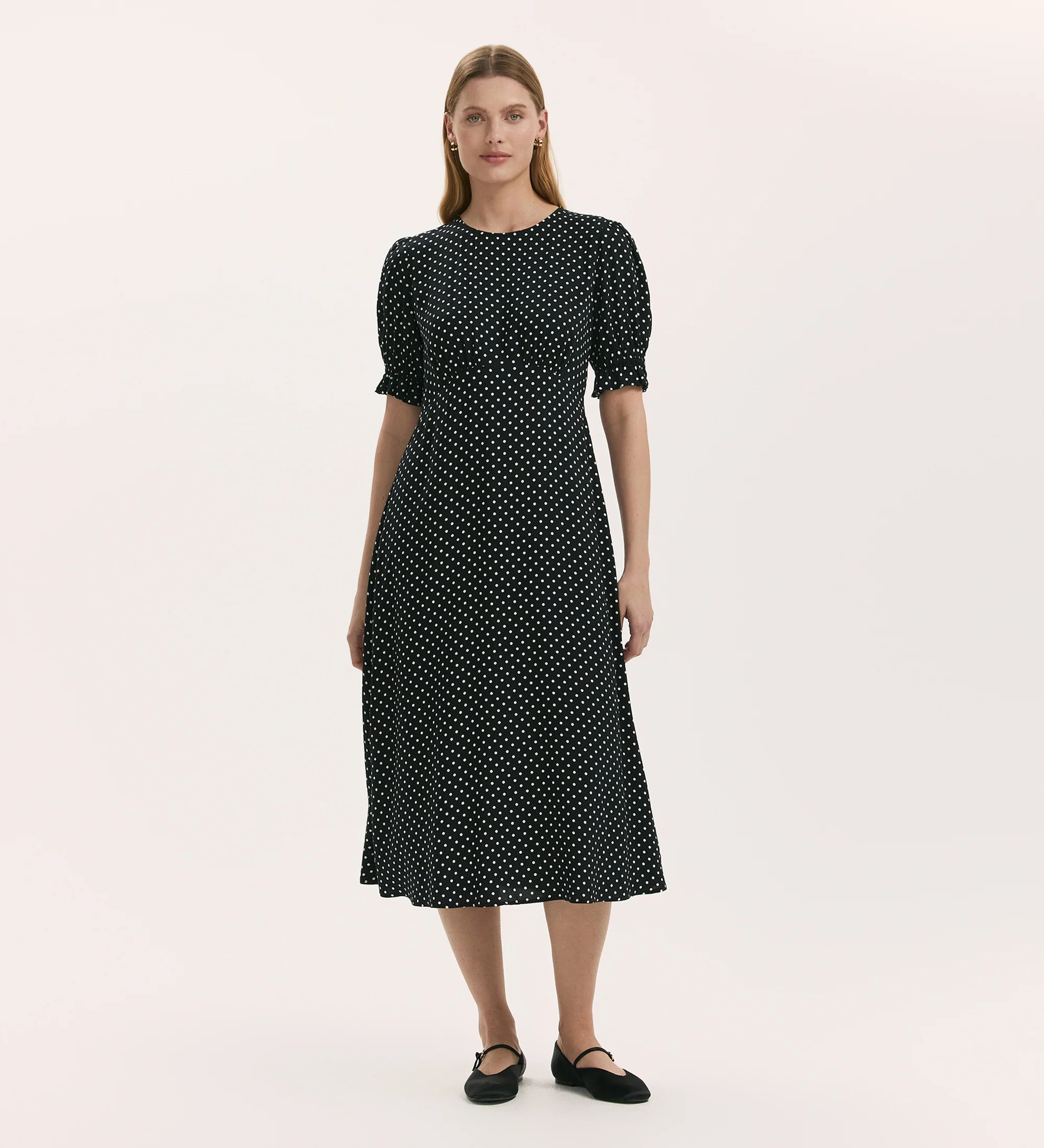 Mela Black Polka Dot Midi Tea Dress | Finery London - UK