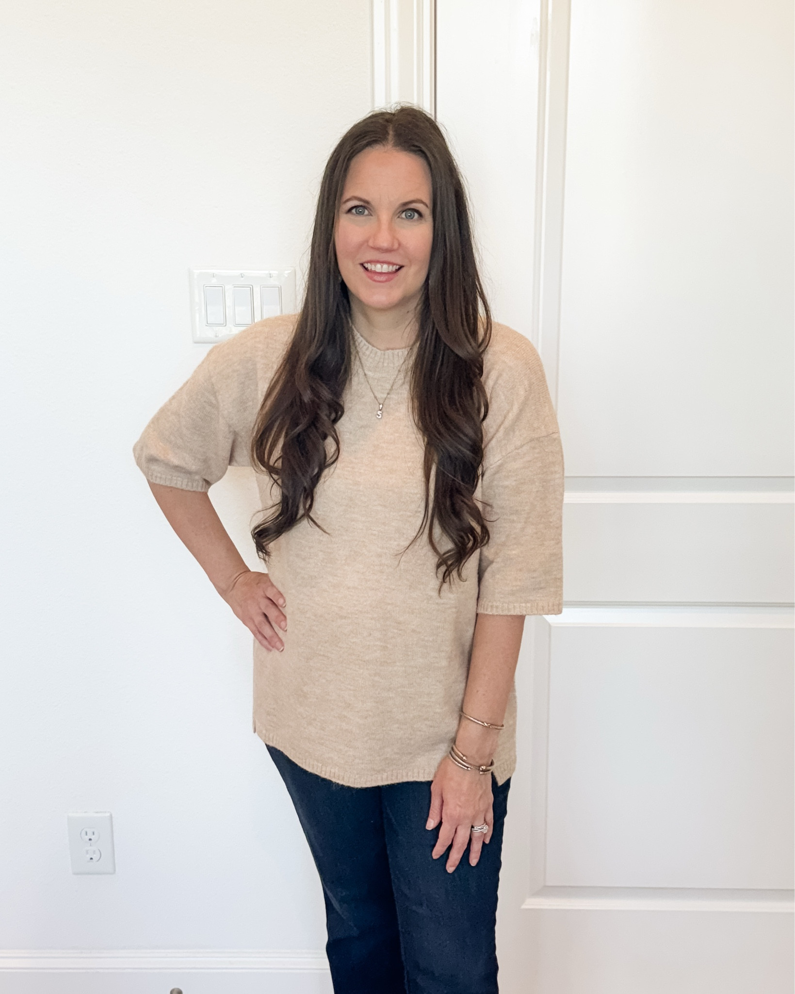 Loving this neutral fall outfit for the season! This light tan brown short sleeve sweater layered over a beige knit top gives the perfect warm-tone look for warm fall outfits and even early winter outfits. Paired it with dark blue bootcut jeans, brown heels, and my go-to initial necklace for elevated fall street style with a little preppy fall touch.
Linking everything below! 🍂✨


#LTKOver40 #LTKSeasonal #LTKWorkwear