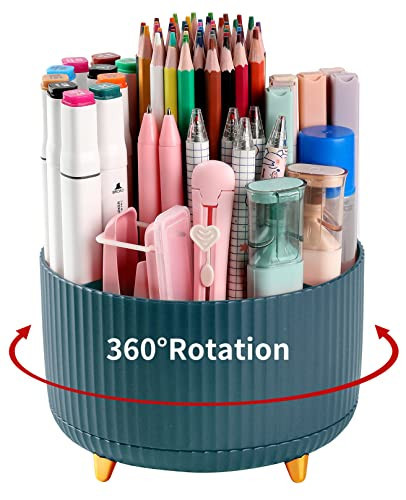 Desk Pencil Pen Holder, 5 Slots 360°Degree Rotating Pen Organizers for Desk, Desktop Storage Stationery Supplies Organizer, Cute Pencil Cup Pot for Office, School, Home, Art Supply, Dark Green | Amazon (US)