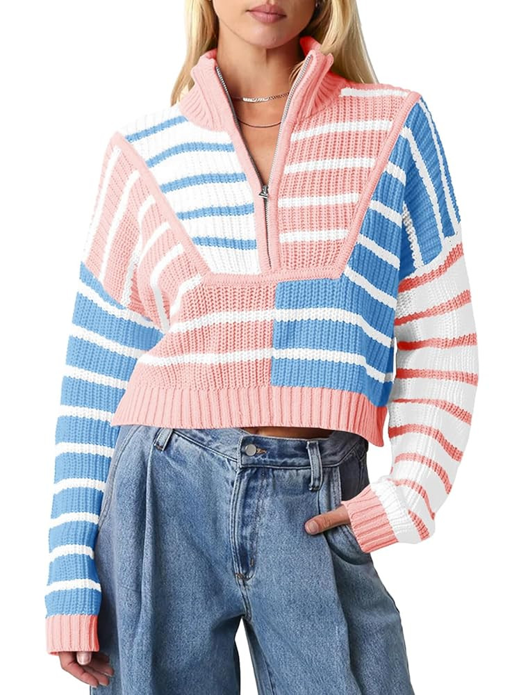 Saodimallsu Womens Striped Cropped Sweater Color Block Zip Up Long Sleeve Mock Neck Loose Pullove... | Amazon (US)
