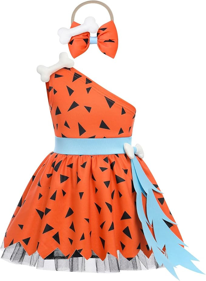 AWIBMK Kids Girls Caveman Costume Cavegirl Tulle Dress with Headpiece Stone Age Outfit Halloween ... | Amazon (US)