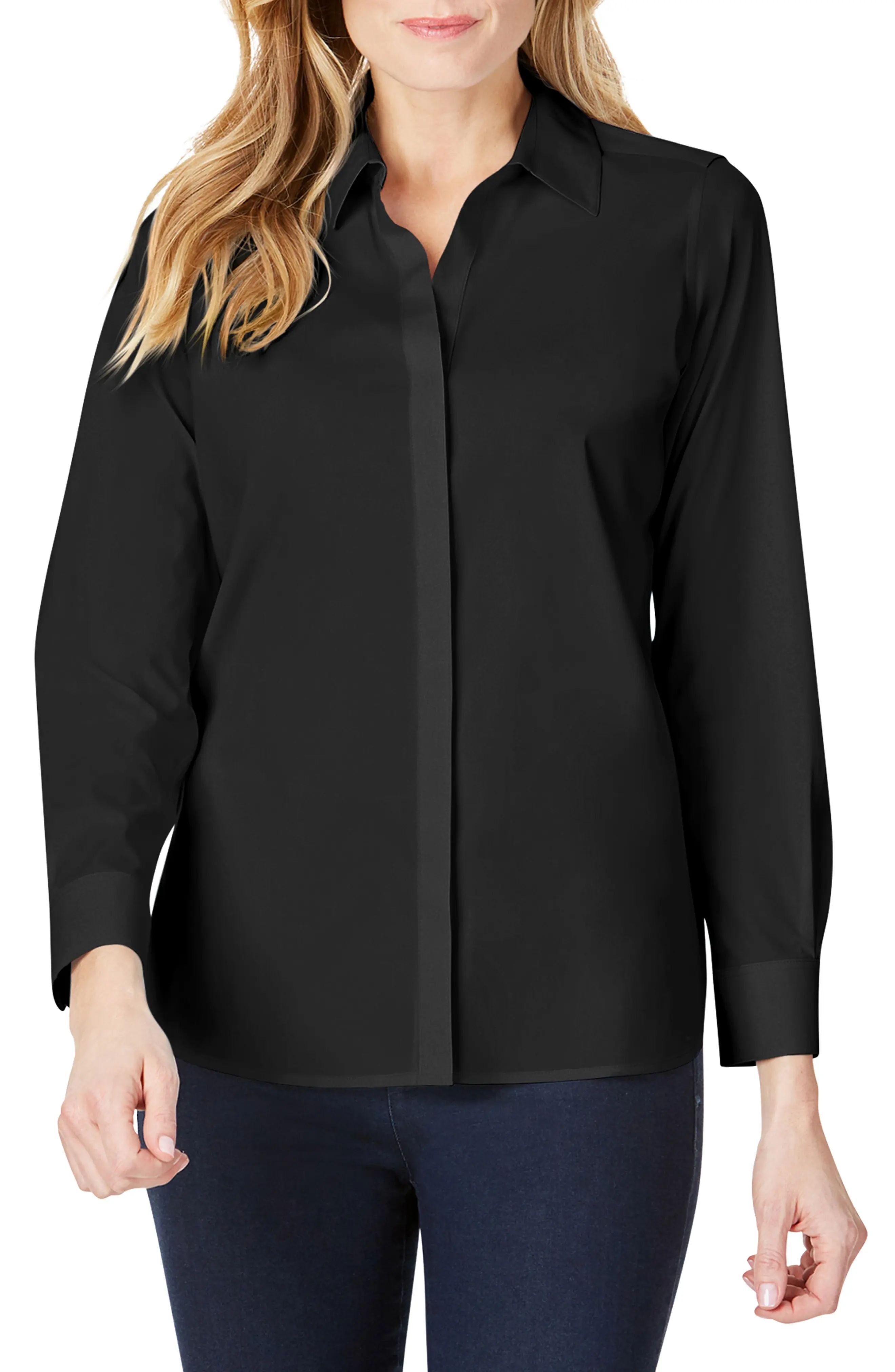 Foxcroft Kylie Non-Iron Cotton Button-Up Shirt, Size 14 in Black at Nordstrom | Nordstrom