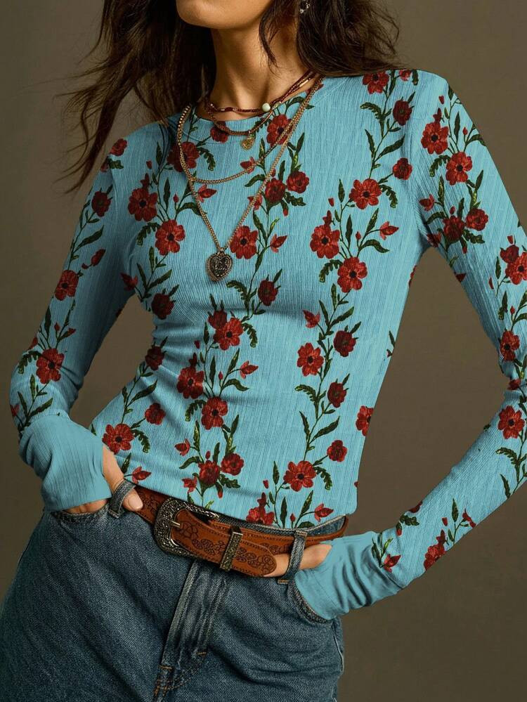 SoleilVie Spring & Summer New Letter Print Round Neck Casual Versatile Long Sleeve T-Shirt, Retro Style, Heat Transfer Heart Texture Fabric, Vintage Commuting Versatile, Soft & Skin-Friendly Fabric, Suitable For Outdoor Wear, New Women's Top, New Ladies T-Shirt Red Tops For Women Graphic Tees Women Blouses For Women Valentine Outfits For Women | SHEIN