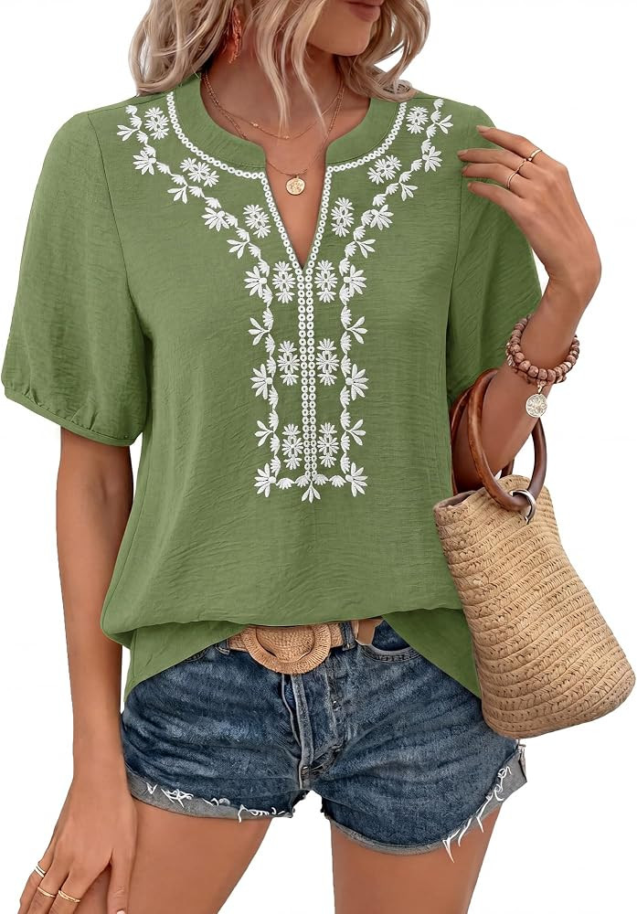Youtalia Womens Boho V Neck Short Sleeve Blouses Embroidered Floral Casual Loose Fit Vacation Top... | Amazon (US)