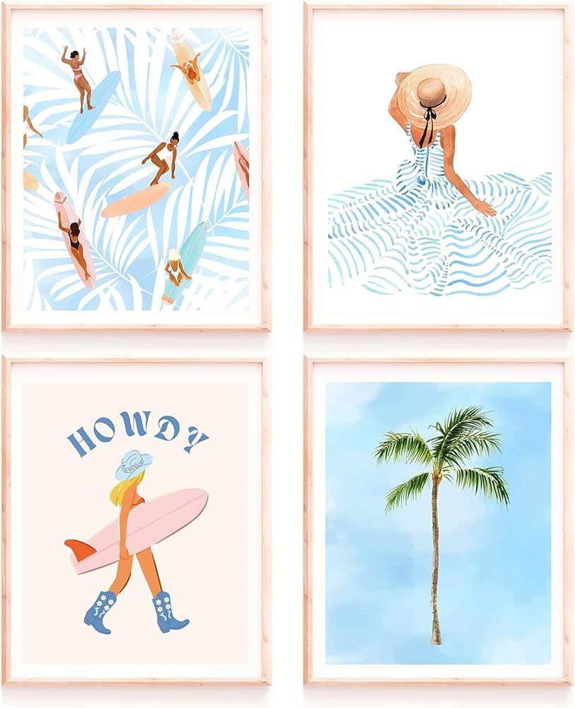Beachy Room Decor Aesthetic Beach Wall Art Posters - Blue Surfer Girl Sandbeach Ocean Seascapes T... | Amazon (US)