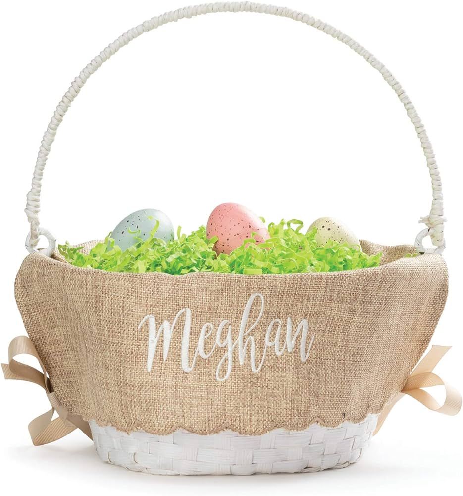 Personalized Easter Egg Basket with Handle and Custom Name in White Script | Scallop Edge Burlap ... | Amazon (US)