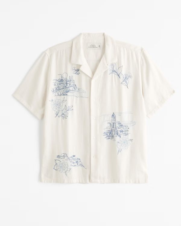 Camp Collar Summer Linen-Blend Embroidered Graphic Shirt | Abercrombie & Fitch (US)