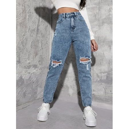 Medium Wash Women s High Waist Ripped Mom Jeans 2022 L(8/10) L050D | Walmart (US)