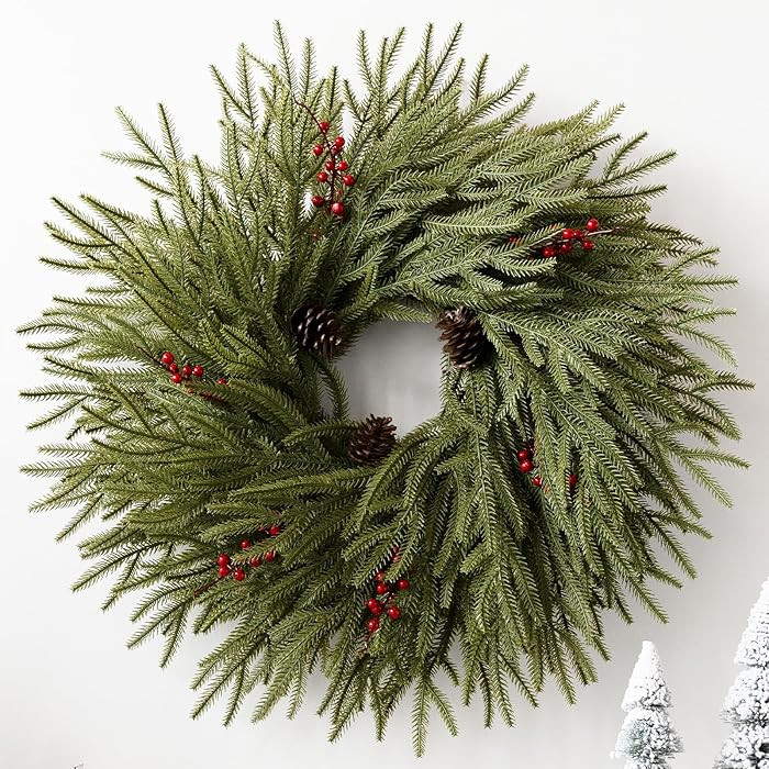 Artificial Christmas Wreaths for Front Door, 24" Large Winter Pine Wreath with Red Berries Pine C... | Amazon (US)