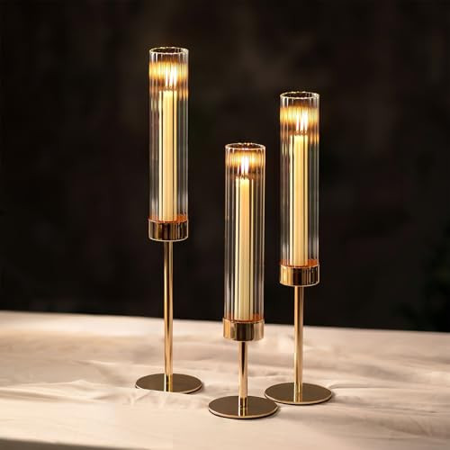 NUPTIO Tall Candlestick Holders for Centerpiece: 3 Pcs Hurricane Candles Holder with Ribbed Glass Sleeve - Gold Metal Candle Stick Holders for Table Fireplace Living Room Decor | Amazon (UK)