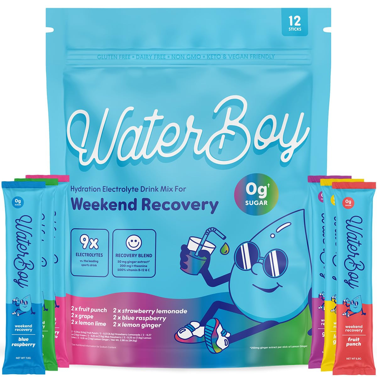 Waterboy Weekend Recovery Sample Pack | 3,200mg Electrolyte Powder Packets | Ginger + L-Theanine ... | Amazon (US)