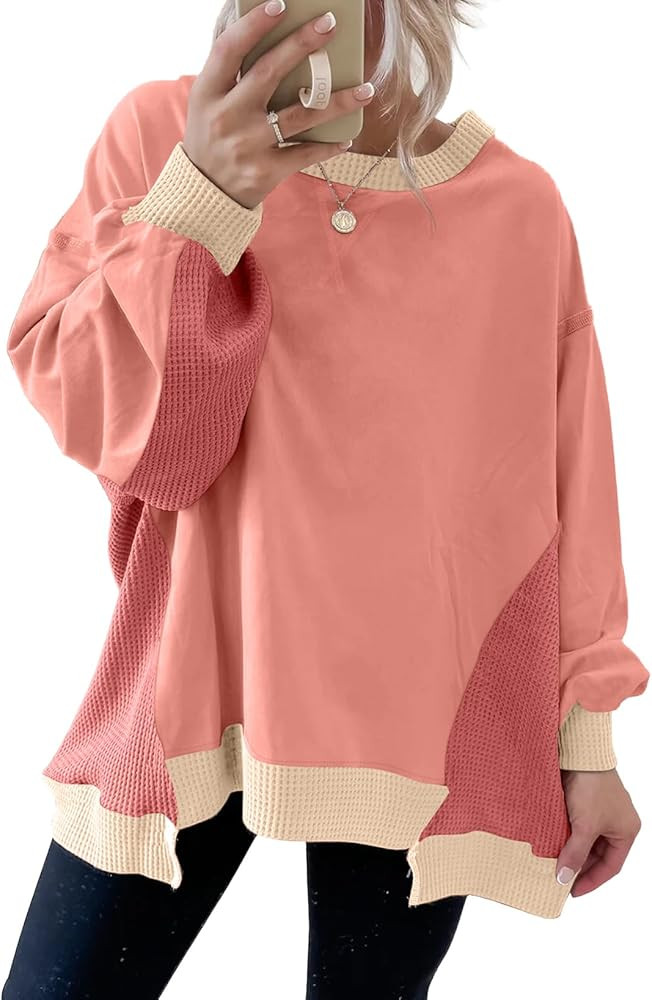 SHEWIN Womens Sweatshirt Crew Neck Waffle Knit Tops Color Block Oversized Long Sleeve Shirts Fall... | Amazon (US)