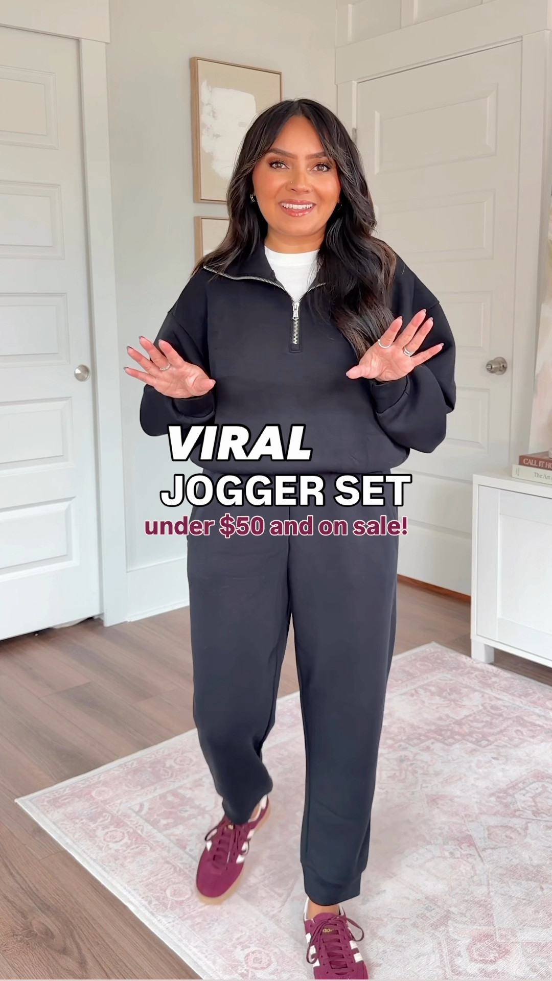 Black pullover size xs petite TTS
Black joggers size small petite TTS 
Sneakers size 6 TTS 

Viral lounge set - affordable and comes in petite sizing!

#LTKPetite #LTKSaleAlert #LTKStyleTip