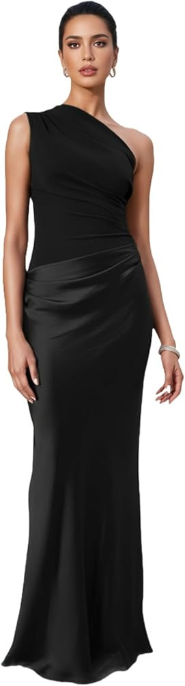 RARITYUS Women’s Elegant One Shoulder Maxi Dress Satin Ruched Bodycon Wedding Guest Dress Flowy... | Amazon (US)