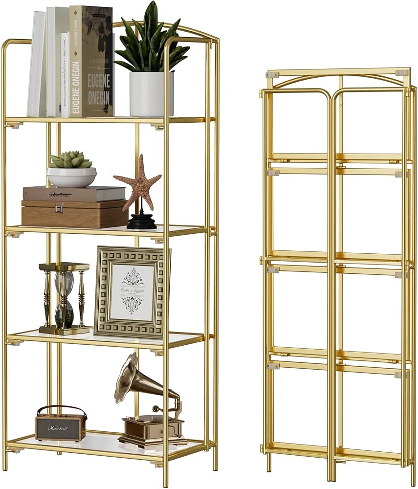 Crofy No Assembly Folding Bookshelf for Living Room, 4 Tier Gold Collapsible Book Shelf for Home ... | Amazon (US)