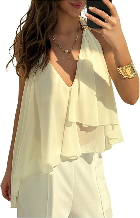 SHENHE Women's Sexy Y2k Open Back Halter Top Asymmetrical Flowy Going Out Party Blouse | Amazon (US)