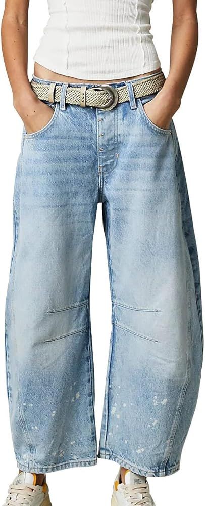 Free Barrel Jeans for Women People Dupes Wide Leg Mid Rise Barrel Denim Ankle Pants Y2k Baggy Boy... | Amazon (US)
