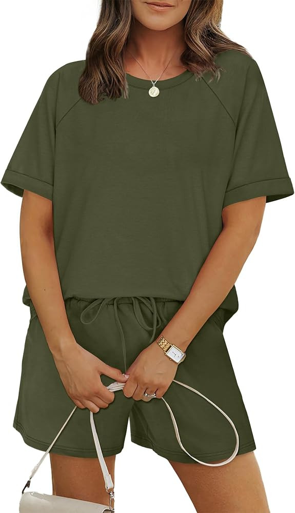 WIHOLL Two Piece Short Sets for Women Casual Summer Outfits Short Sleeve Crew Neck Lounge Matchin... | Amazon (US)