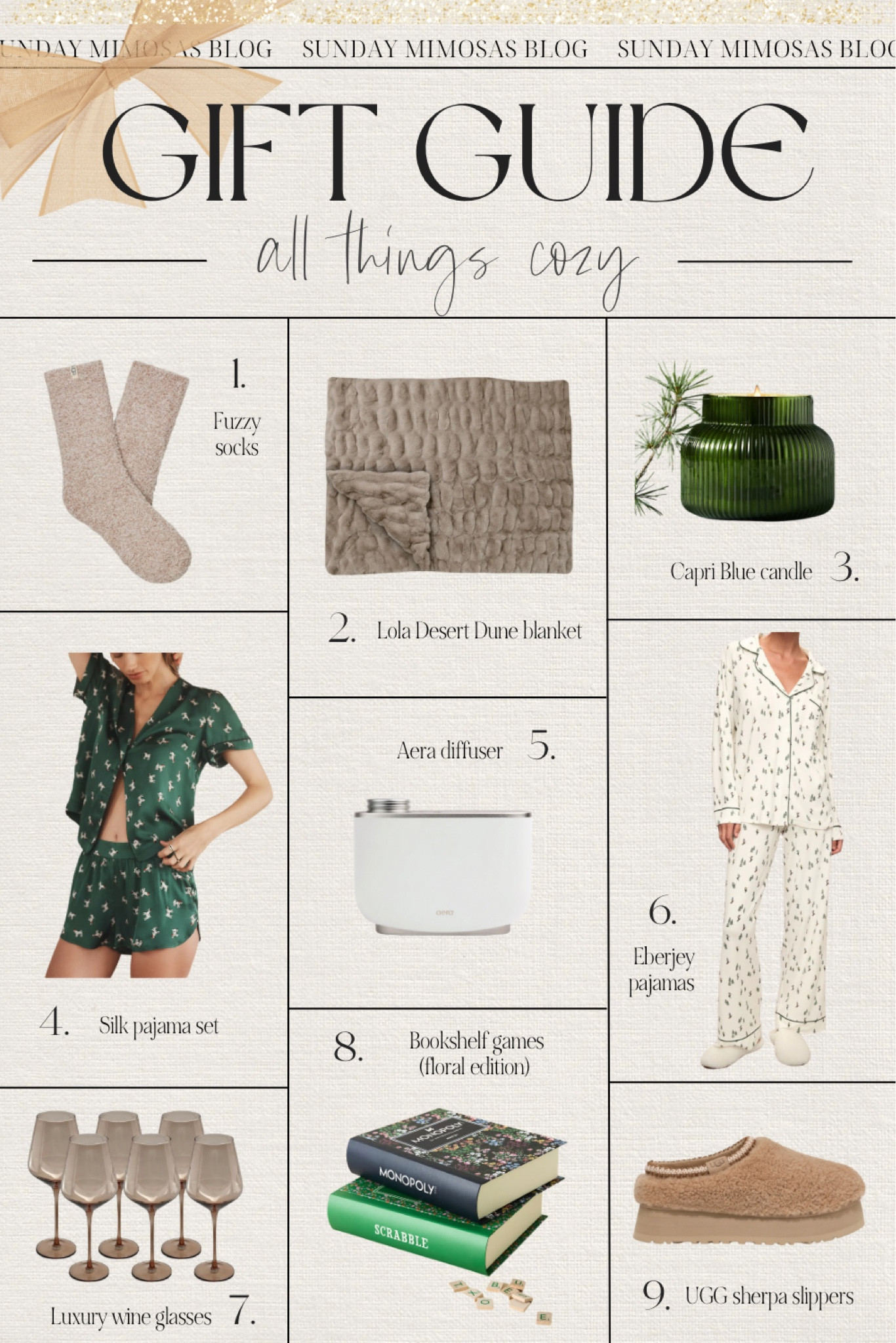 HOLIDAY GIFT GUIDE Cozy Gift ideas ☁️❄️ Here are the top homebody gifts this year 🥰 ✨

1. Cozy fuzzy socks
2. Lola blanket
3. Capri Blue candle
4. Dark green satin pajama shorts set
5. Area diffuser
6. Eberjey pajamas for Christmas
7. Saludi wine glasses
8. Anthropologie bookshelf games
9. UGG Sherpa slippers

Linking more Christmas gift ideas for the homebody and gifts for her below! 

All of our 2024 Christmas Gift Guides (with more details on the products) are on sundaymimosasblog.com 🎁

#LTKGiftGuide #LTKHoliday #LTKHome