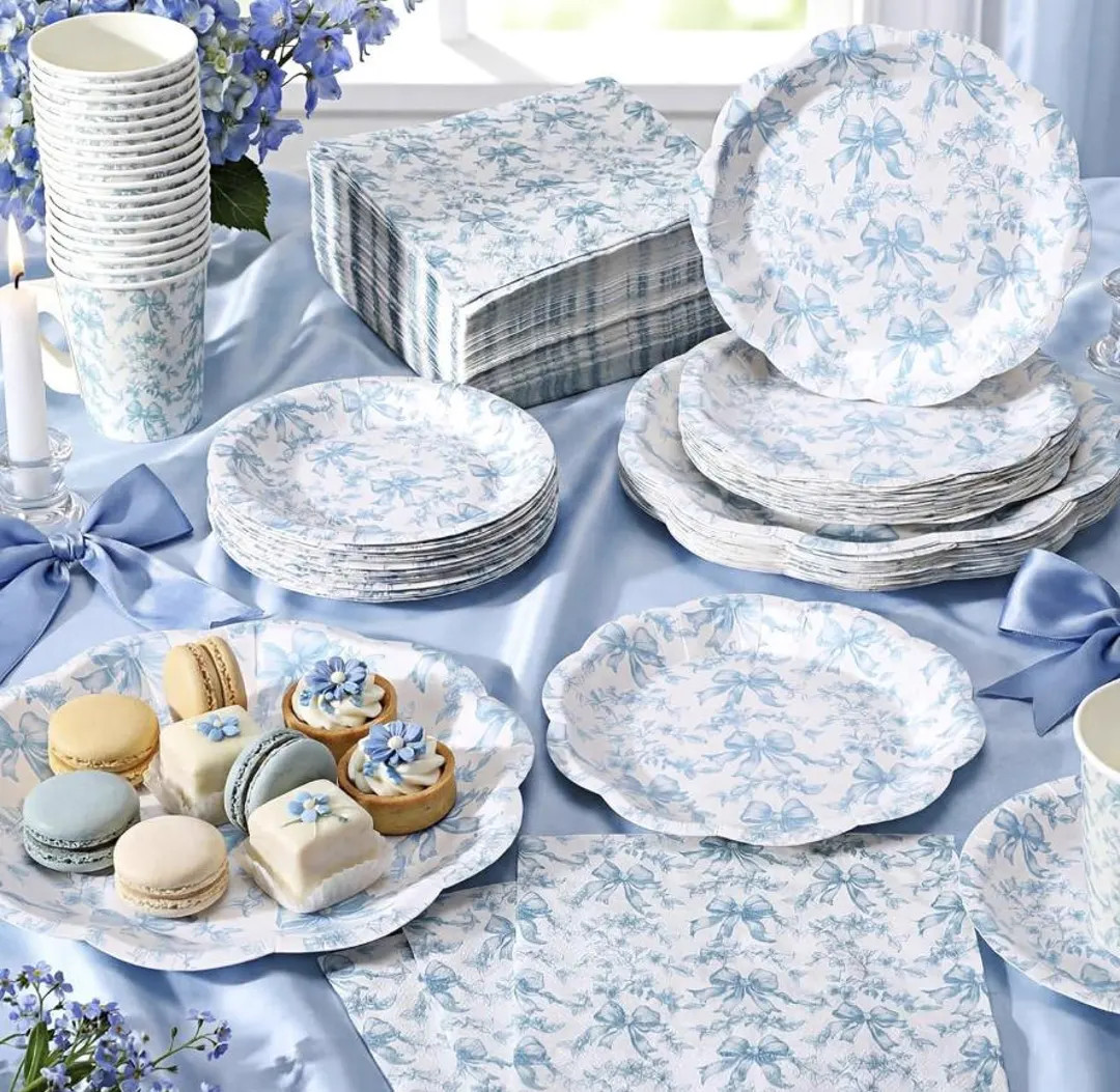 Blue Bow Toile Chinoiserie Paper Plates, Cups, Napkins – Blue Baby Shower Party Tableware - Ets... | Etsy (US)