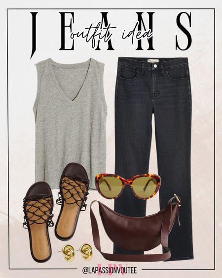 Elevate your summer style with Madewell's black jeans paired with a classic cotton v-neck tank top. Add chic sunglasses, a sleek sling crossbody bag, and trendy knotted sandals. This effortlessly cool outfit is perfect for sunny days and casual outings.

#LTKSeasonal #LTKStyleTip